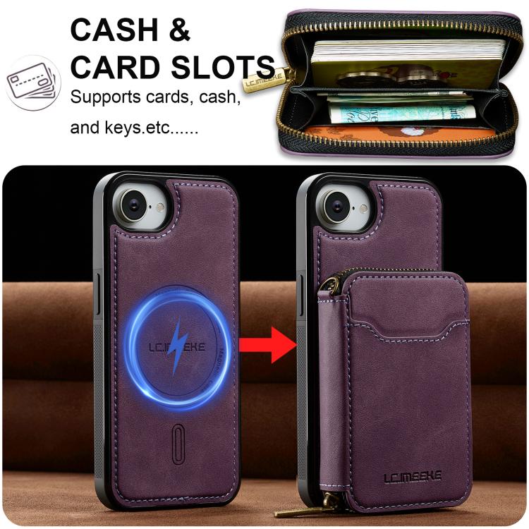 LC.IMEEKE L6 Series Zipper Card Bag MagSafe Magnetic Phone Case, For iPhone 17e / 16e, For iPhone 17 Pro Max, For iPhone 17 Pro, For iPhone 17, For iPhone Air, For iPhone 16 Pro Max, For iPhone 15 Pro Max, For iPhone 15 Plus
