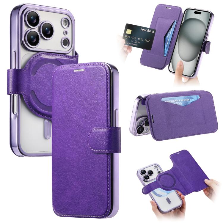 Splitable Electroplated MagSafe RFID Anti-theft Leather Phone Case with Lens Film, For iPhone 18 / 17, For iPhone 18 Pro / 17 Pro, For iPhone 18 Pro Max / 17 Pro Max, For iPhone 17e / 16e, For iPhone Air, For iPhone 16 Pro Max