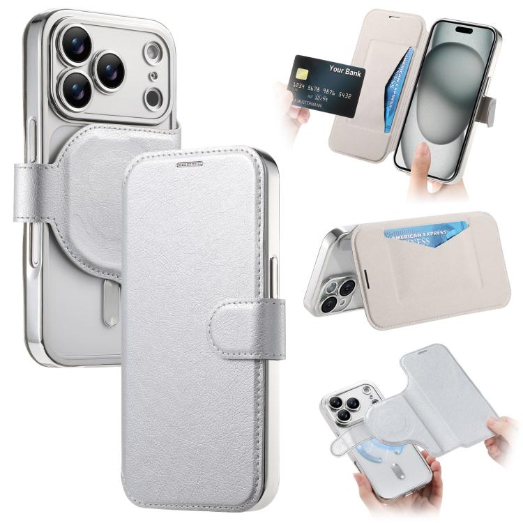 Splitable Electroplated MagSafe RFID Anti-theft Leather Phone Case with Lens Film, For iPhone 18 / 17, For iPhone 18 Pro / 17 Pro, For iPhone 18 Pro Max / 17 Pro Max, For iPhone 17e / 16e, For iPhone Air, For iPhone 16 Pro Max