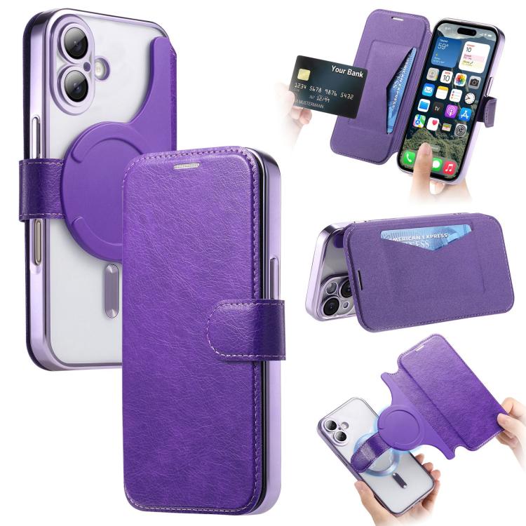 Splitable Electroplated MagSafe RFID Anti-theft Leather Phone Case with Lens Film, For iPhone 17e / 16e, For iPhone 17 Pro Max, For iPhone 17 Pro, For iPhone 17, For iPhone Air, For iPhone 16 Pro Max