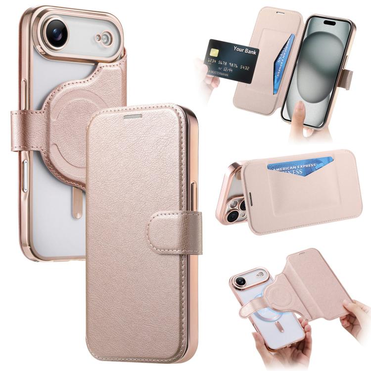 Splitable Electroplated MagSafe RFID Anti-theft Leather Phone Case with Lens Film, For iPhone 17e / 16e, For iPhone 17 Pro Max, For iPhone 17 Pro, For iPhone 17, For iPhone Air, For iPhone 16 Pro Max