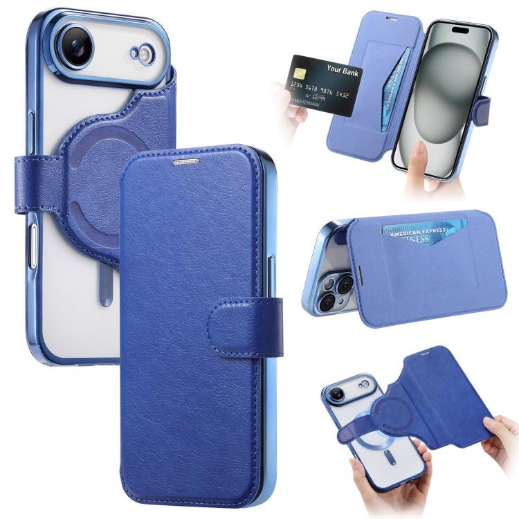 Splitable Electroplated MagSafe RFID Anti-theft Leather Phone Case with Lens Film, For iPhone 17e / 16e, For iPhone 17 Pro Max, For iPhone 17 Pro, For iPhone 17, For iPhone Air, For iPhone 16 Pro Max