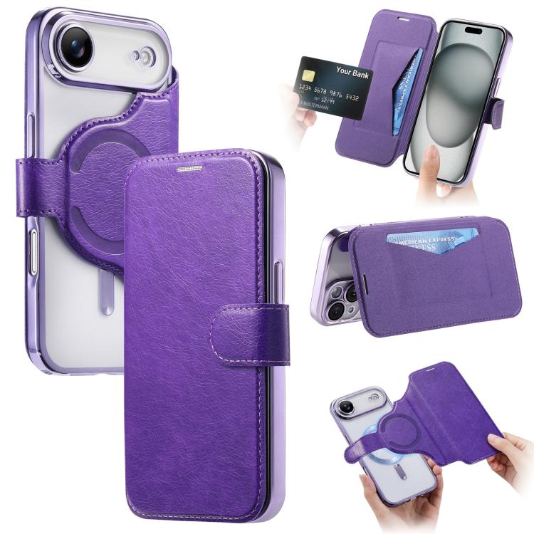 Splitable Electroplated MagSafe RFID Anti-theft Leather Phone Case with Lens Film, For iPhone 17e / 16e, For iPhone 17 Pro Max, For iPhone 17 Pro, For iPhone 17, For iPhone Air, For iPhone 16 Pro Max