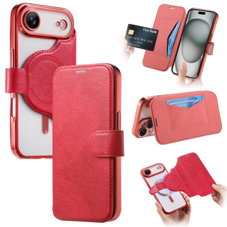 Splitable Electroplated MagSafe RFID Anti-theft Leather Phone Case with Lens Film, For iPhone 17e / 16e, For iPhone 17 Pro Max, For iPhone 17 Pro, For iPhone 17, For iPhone Air, For iPhone 16 Pro Max