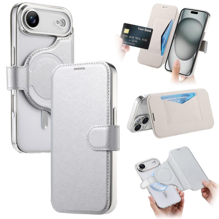 Splitable Electroplated MagSafe RFID Anti-theft Leather Phone Case with Lens Film, For iPhone 17e / 16e, For iPhone 17 Pro Max, For iPhone 17 Pro, For iPhone 17, For iPhone Air, For iPhone 16 Pro Max