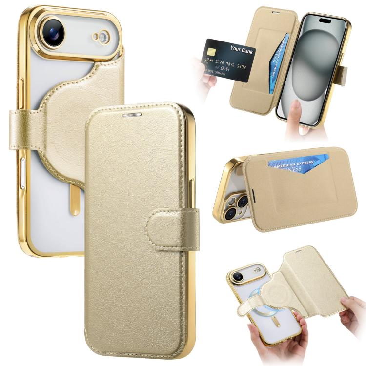 Splitable Electroplated MagSafe RFID Anti-theft Leather Phone Case with Lens Film, For iPhone 17e / 16e, For iPhone 17 Pro Max, For iPhone 17 Pro, For iPhone 17, For iPhone Air, For iPhone 16 Pro Max