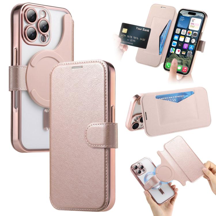Splitable Electroplated MagSafe RFID Anti-theft Leather Phone Case with Lens Film, For iPhone 17e / 16e, For iPhone 17 Pro Max, For iPhone 17 Pro, For iPhone 17, For iPhone Air, For iPhone 16 Pro Max