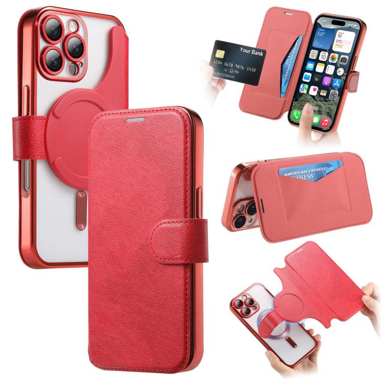 Splitable Electroplated MagSafe RFID Anti-theft Leather Phone Case with Lens Film, For iPhone 17e / 16e, For iPhone 17 Pro Max, For iPhone 17 Pro, For iPhone 17, For iPhone Air, For iPhone 16 Pro Max