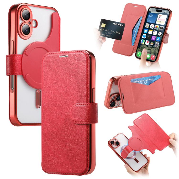 Splitable Electroplated MagSafe RFID Anti-theft Leather Phone Case with Lens Film, For iPhone 16 Pro, For iPhone 16 Plus, For iPhone 16, For iPhone 15 Pro Max, For iPhone 15 Pro, For iPhone 15 Plus