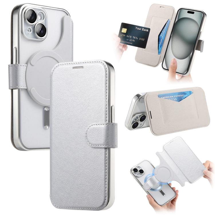 Splitable Electroplated MagSafe RFID Anti-theft Leather Phone Case with Lens Film, For iPhone 16 Pro, For iPhone 16 Plus, For iPhone 16, For iPhone 15 Pro Max, For iPhone 15 Pro, For iPhone 15 Plus