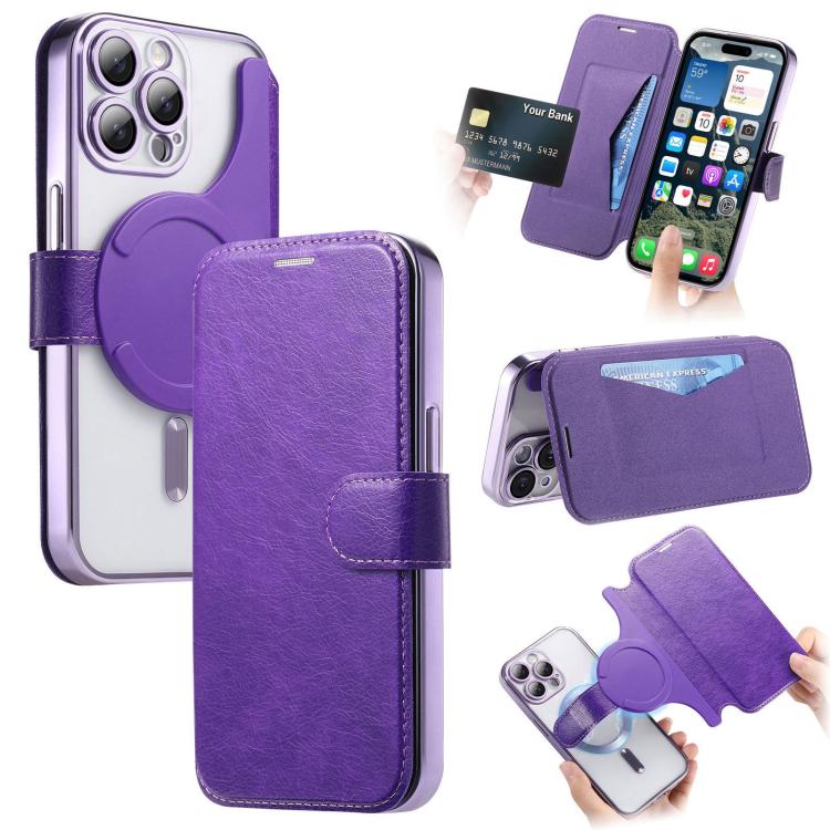 Splitable Electroplated MagSafe RFID Anti-theft Leather Phone Case with Lens Film, For iPhone 15, For iPhone 14 Plus, For iPhone 14, For iPhone 14 Pro, For iPhone 14 Pro Max, For iPhone 13 Pro Max