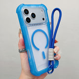 Transparent Matte TPU Hybrid PC 3-in-1 MagSafe Phone Case with Wrist Strap, For iPhone 17 Pro Max, For iPhone 17 Pro, For iPhone 17, For iPhone Air, For iPhone 16 Pro Max, For iPhone 16 Pro, For iPhone 16 Plus, For iPhone 16