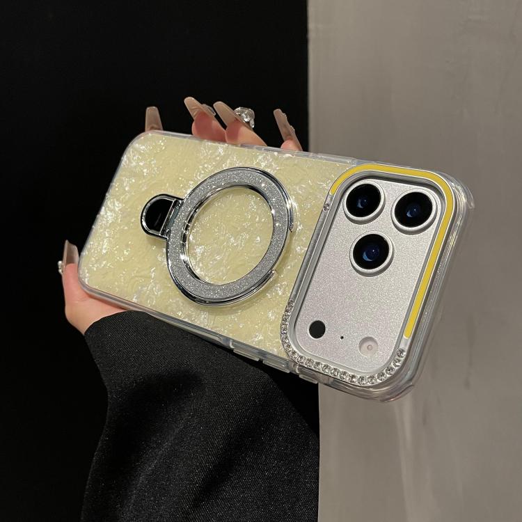 Gilded Colorful Shell Patterned TPU+IMD Phone Case with Glitter Magnetic Holder, For iPhone 13 Pro