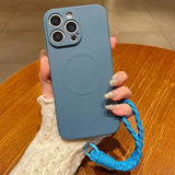 Solid Color Liquid Silicone Magnetic Phone Case with Lanyard, For iPhone 16 Pro, For iPhone 16, For iPhone 15 Pro Max