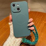 Solid Color Liquid Silicone Magnetic Phone Case with Lanyard, For iPhone 15 Pro, For iPhone 15, For iPhone 14