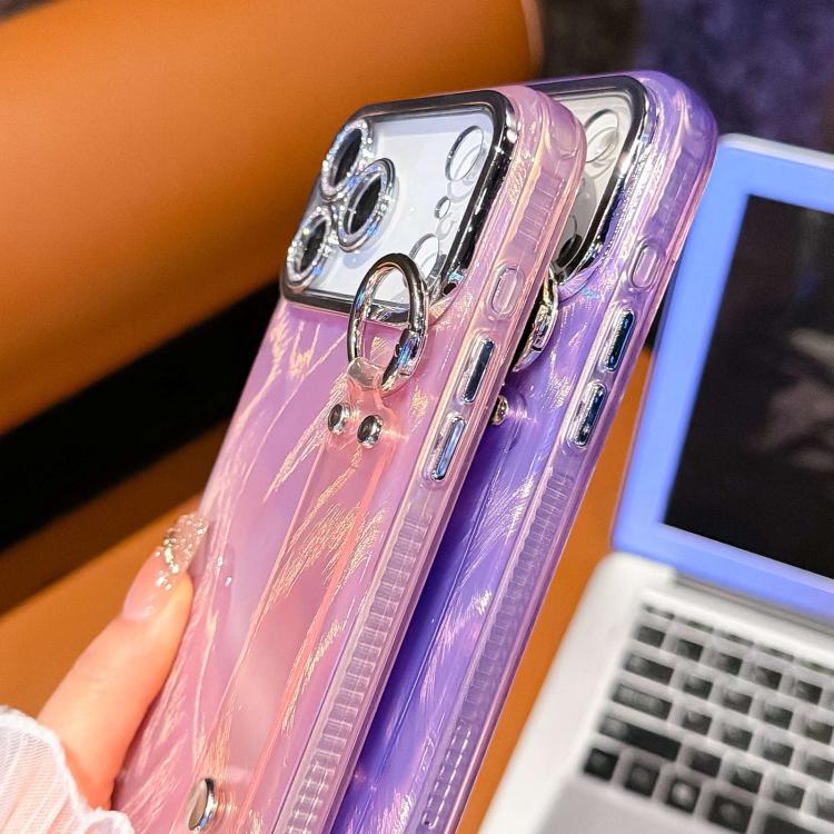 Plating Feather-Gauze Texture Wristband Holder TPU Phone Case with Lens Film, For iPhone 13
