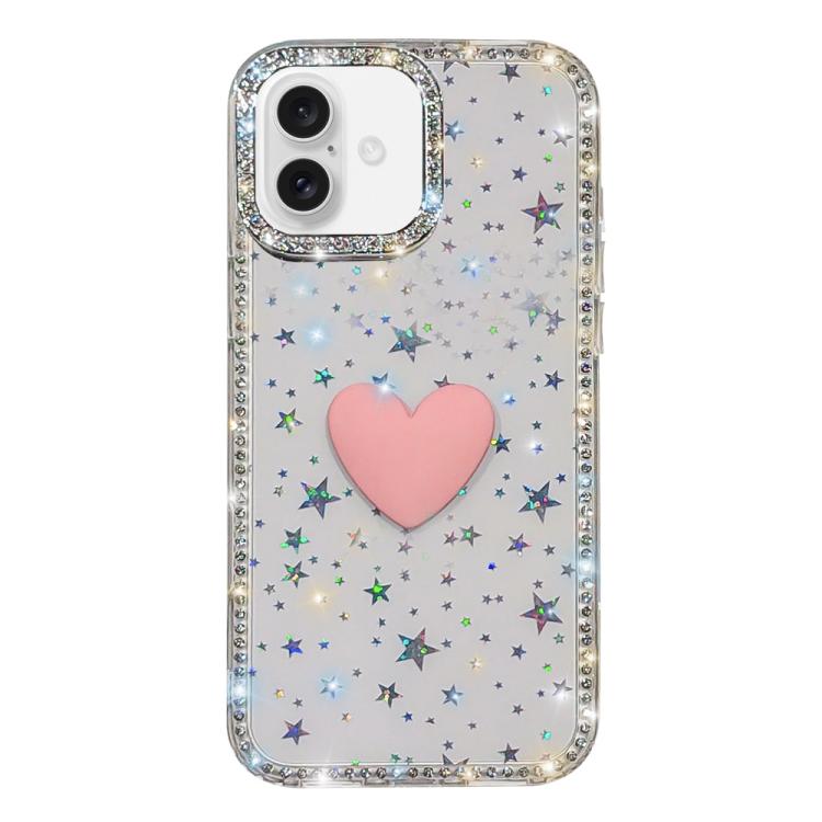 Flash Rhinestone Double-sided IMD Love Heart Phone Case, For iPhone 16 Pro Max, For iPhone 16 Pro, For iPhone 16 Plus, For iPhone 16, For iPhone 15 Pro Max