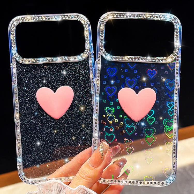 Flash Rhinestone Double-sided IMD Love Heart Phone Case, For iPhone 16 Pro Max, For iPhone 16 Pro, For iPhone 16 Plus, For iPhone 16, For iPhone 15 Pro Max