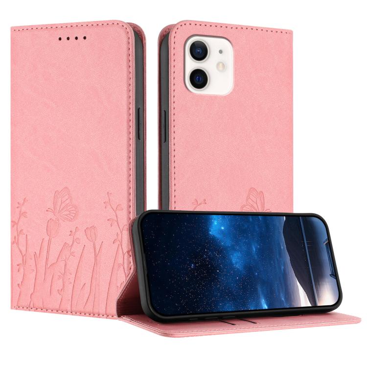 Tulips Butterfly Pattern Magnetic Vegan Leather Phone Case, For iPhone 13, For iPhone 13 mini, For iPhone 12 / 12 Pro, For iPhone 12 Pro Max