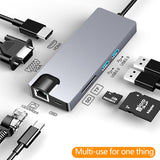 HW-TC12 8 In 1 Type-C / USB-C Multifunctional Extension HUB Adapter Hdmi / Vga Hub Card Reader + Network Card