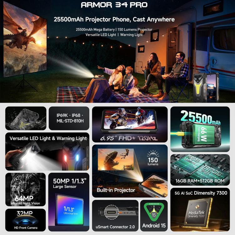 Ulefone Armor 34 Pro, 16GB+512GB, Night Vision, IP68/IP69K Rugged Phone, 6.95 inch Android 15 MediaTek Dimensity 7300 Octa Core, Network: 5G, NFC, OTG, Armor 34 Pro