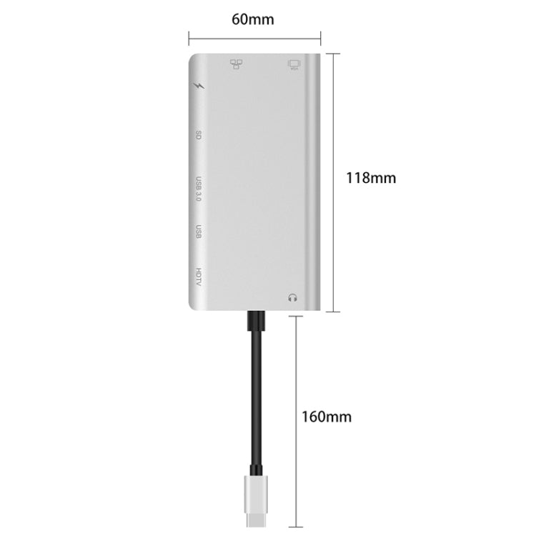 Onten 9591BD 8 in 1 USB-C / Type-C to PD USB-C / Type-C Charging + Gigabit Ethernet + Dual USB 3.0 + HDMI + VGA + SD Card Slot + 3.5mm AUX HUB, 9591BD Silver, 9591BD Grey