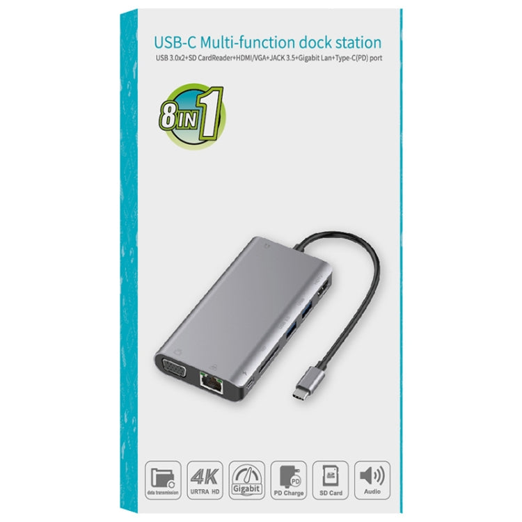 Onten 9591BD 8 in 1 USB-C / Type-C to PD USB-C / Type-C Charging + Gigabit Ethernet + Dual USB 3.0 + HDMI + VGA + SD Card Slot + 3.5mm AUX HUB, 9591BD Silver, 9591BD Grey