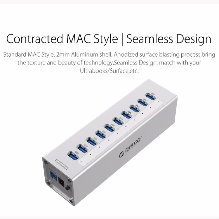 ORICO A3H10 Aluminum High Speed 10 Ports USB 3.0 HUB with Power Adapter for Laptops, 10 Ports (Black)