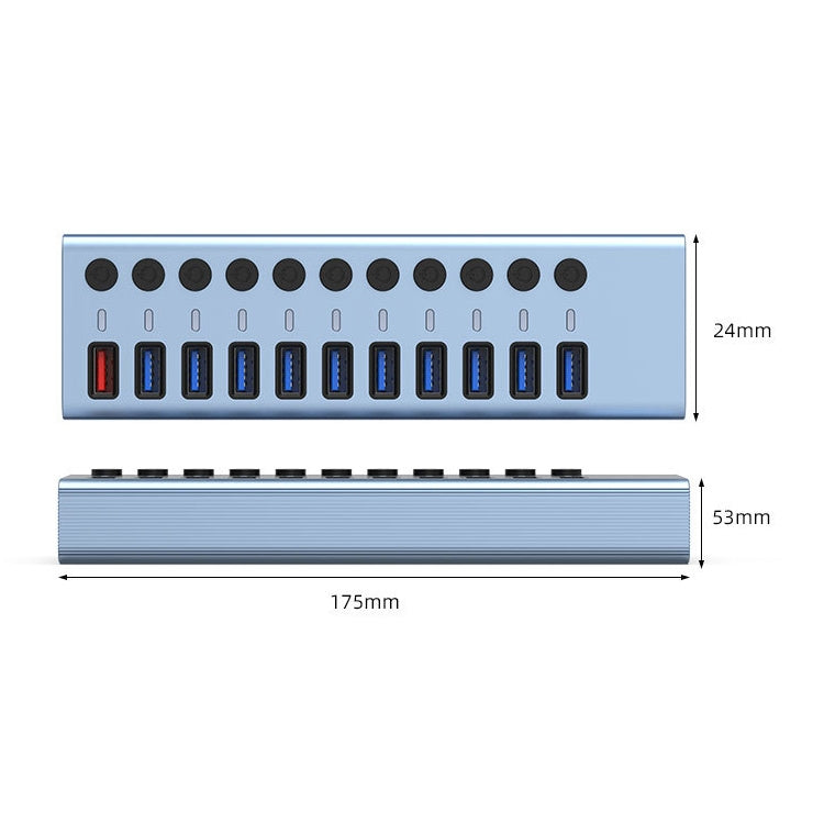 11 in 1 USB 3.0 HUB Splitter with Independent Switch & 12V 4A Power Supply, 11 USB 3.0