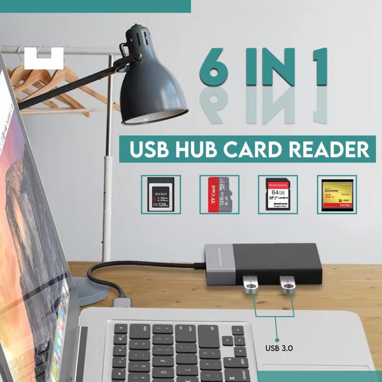 6 In 1 Multi-function Dual USB 3.0 + XQD + CF + TF + SD Card Reader, 6 In 1 (Silver), 6 In 1