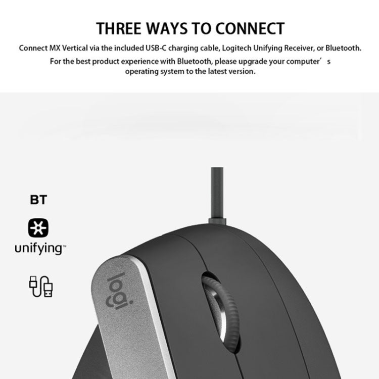 Logitech MX Vertical 4000DPI USB-C / Type-C + Unifying + Bluetooth Three-mode Ergonomic Wireless Vertical Optical Mouse, MX Vertical