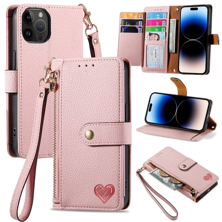 Love Zipper Lanyard Leather Phone Case, For iPhone 16, For iPhone 15 Pro Max, For iPhone 15 Pro, For iPhone 15 Plus, For iPhone 15, For iPhone 14 Plus, For iPhone 14, For iPhone 14 Pro