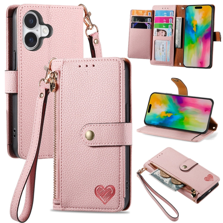 Love Zipper Lanyard Leather Phone Case, For iPhone 16, For iPhone 15 Pro Max, For iPhone 15 Pro, For iPhone 15 Plus, For iPhone 15, For iPhone 14 Plus, For iPhone 14, For iPhone 14 Pro
