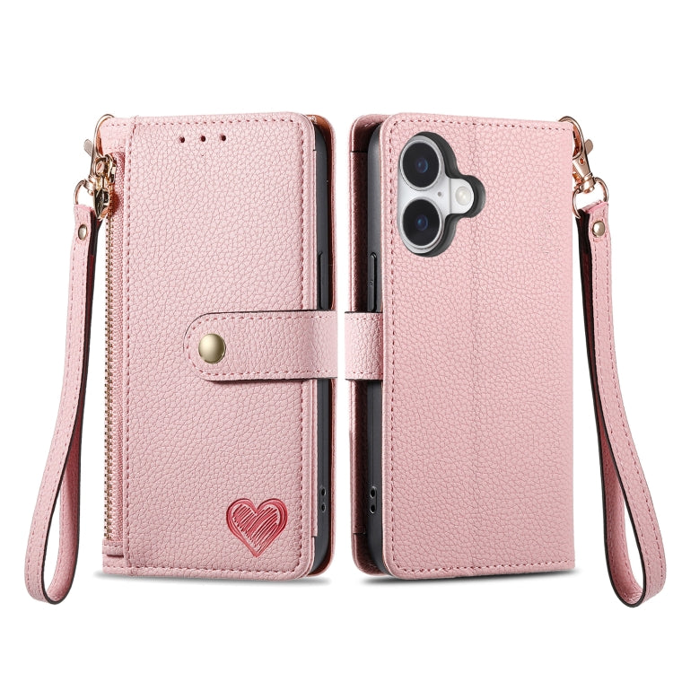 Love Zipper Lanyard Leather Phone Case, For iPhone 16, For iPhone 15 Pro Max, For iPhone 15 Pro, For iPhone 15 Plus, For iPhone 15, For iPhone 14 Plus, For iPhone 14, For iPhone 14 Pro