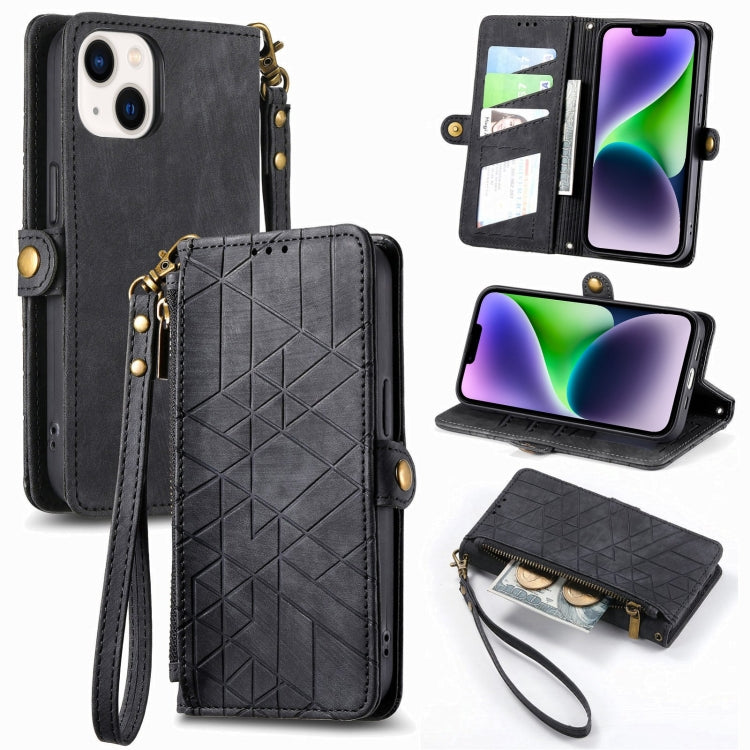 Geometric Zipper Wallet Side Buckle Leather Phone Case, For iPhone 16, For iPhone 15 Pro Max, For iPhone 15 Pro, For iPhone 15 Plus, For iPhone 15, For iPhone 14 Plus, For iPhone 14, For iPhone 14 Pro