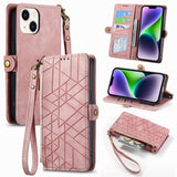 Geometric Zipper Wallet Side Buckle Leather Phone Case, For iPhone 16, For iPhone 15 Pro Max, For iPhone 15 Pro, For iPhone 15 Plus, For iPhone 15, For iPhone 14 Plus, For iPhone 14, For iPhone 14 Pro