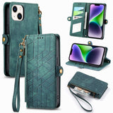 Geometric Zipper Wallet Side Buckle Leather Phone Case, For iPhone 16, For iPhone 15 Pro Max, For iPhone 15 Pro, For iPhone 15 Plus, For iPhone 15, For iPhone 14 Plus, For iPhone 14, For iPhone 14 Pro