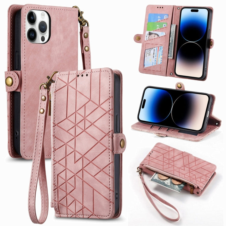 Geometric Zipper Wallet Side Buckle Leather Phone Case, For iPhone 16, For iPhone 15 Pro Max, For iPhone 15 Pro, For iPhone 15 Plus, For iPhone 15, For iPhone 14 Plus, For iPhone 14, For iPhone 14 Pro