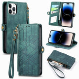 Geometric Zipper Wallet Side Buckle Leather Phone Case, For iPhone 16, For iPhone 15 Pro Max, For iPhone 15 Pro, For iPhone 15 Plus, For iPhone 15, For iPhone 14 Plus, For iPhone 14, For iPhone 14 Pro