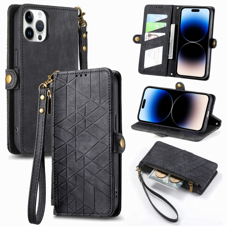 Geometric Zipper Wallet Side Buckle Leather Phone Case, For iPhone 14 Pro Max, For iPhone 7 / 8 / SE 2022, For iPhone 13 Pro Max, For iPhone 13 Pro, For iPhone 13, For iPhone 12 / 12 Pro, For iPhone 12 Pro Max, For iPhone 11 Pro Max