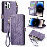 Geometric Zipper Wallet Side Buckle Leather Phone Case, For iPhone 14 Pro Max, For iPhone 7 / 8 / SE 2022, For iPhone 13 Pro Max, For iPhone 13 Pro, For iPhone 13, For iPhone 12 / 12 Pro, For iPhone 12 Pro Max, For iPhone 11 Pro Max