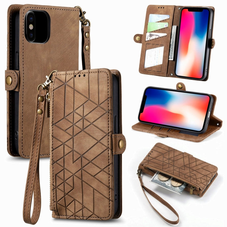 Geometric Zipper Wallet Side Buckle Leather Phone Case, For iPhone 11, For iPhone 11 Pro, For iPhone X / XS, For iPhone XR, For iPhone XS Max, For iPhone 7 Plus / 8 Plus, For iPhone 6 Plus / 6s Plus, For iPhone 6 / 6s