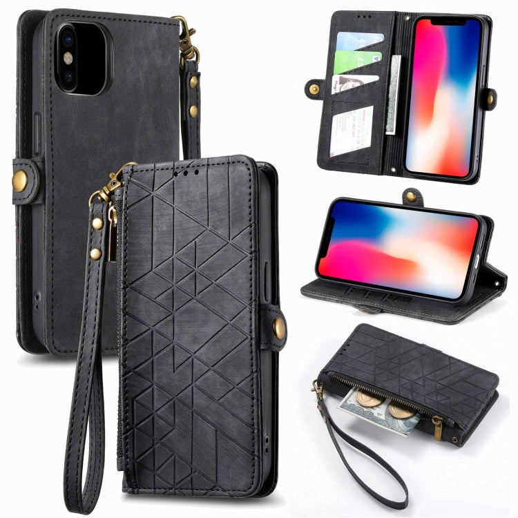 Geometric Zipper Wallet Side Buckle Leather Phone Case, For iPhone 11, For iPhone 11 Pro, For iPhone X / XS, For iPhone XR, For iPhone XS Max, For iPhone 7 Plus / 8 Plus, For iPhone 6 Plus / 6s Plus, For iPhone 6 / 6s