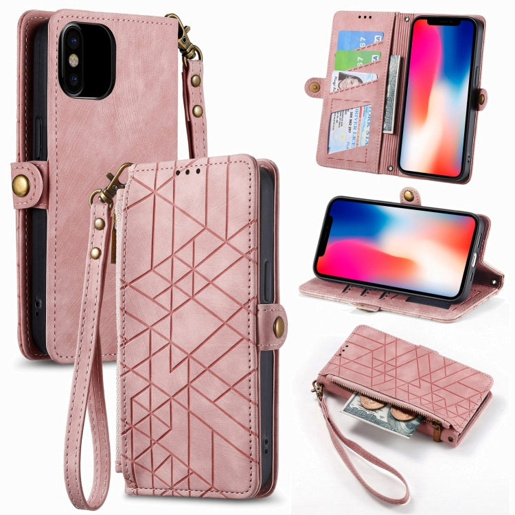 Geometric Zipper Wallet Side Buckle Leather Phone Case, For iPhone 11, For iPhone 11 Pro, For iPhone X / XS, For iPhone XR, For iPhone XS Max, For iPhone 7 Plus / 8 Plus, For iPhone 6 Plus / 6s Plus, For iPhone 6 / 6s