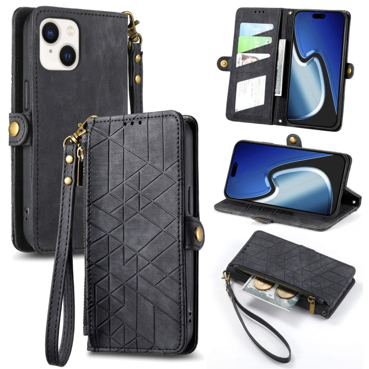 Geometric Zipper Wallet Side Buckle Leather Phone Case, For iPhone 16, For iPhone 15 Pro Max, For iPhone 15 Pro, For iPhone 15 Plus, For iPhone 15, For iPhone 14 Plus, For iPhone 14, For iPhone 14 Pro