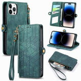 Geometric Zipper Wallet Side Buckle Leather Phone Case, For iPhone 16, For iPhone 15 Pro Max, For iPhone 15 Pro, For iPhone 15 Plus, For iPhone 15, For iPhone 14 Plus, For iPhone 14, For iPhone 14 Pro