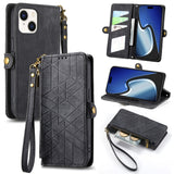 Geometric Zipper Wallet Side Buckle Leather Phone Case, For iPhone 16, For iPhone 15 Pro Max, For iPhone 15 Pro, For iPhone 15 Plus, For iPhone 15, For iPhone 14 Plus, For iPhone 14, For iPhone 14 Pro
