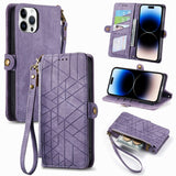 Geometric Zipper Wallet Side Buckle Leather Phone Case, For iPhone 16, For iPhone 15 Pro Max, For iPhone 15 Pro, For iPhone 15 Plus, For iPhone 15, For iPhone 14 Plus, For iPhone 14, For iPhone 14 Pro
