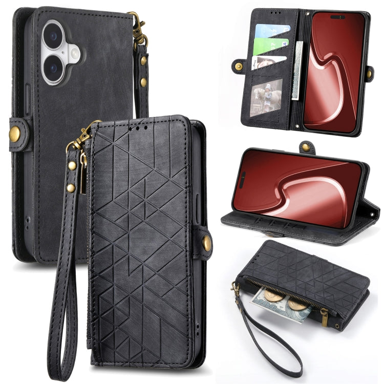 Geometric Zipper Wallet Side Buckle Leather Phone Case, For iPhone 16, For iPhone 15 Pro Max, For iPhone 15 Pro, For iPhone 15 Plus, For iPhone 15, For iPhone 14 Plus, For iPhone 14, For iPhone 14 Pro