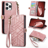 Geometric Zipper Wallet Side Buckle Leather Phone Case, For iPhone 17e / 16e, For iPhone 17 Pro Max, For iPhone 17 Pro, For iPhone 17, For iPhone Air, For iPhone 16 Pro Max, For iPhone 16 Pro, For iPhone 16 Plus